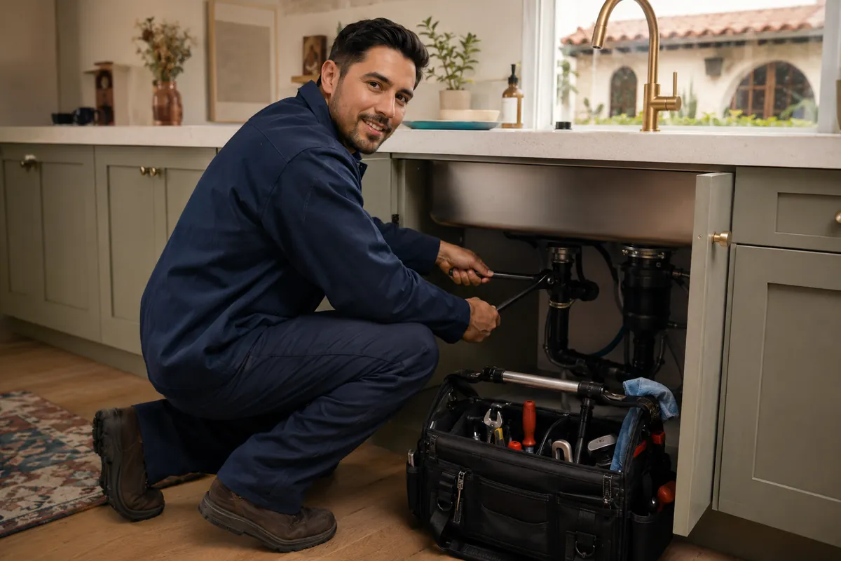 A plumber tightens a fitting under the kitchen sink of an LA bungalow