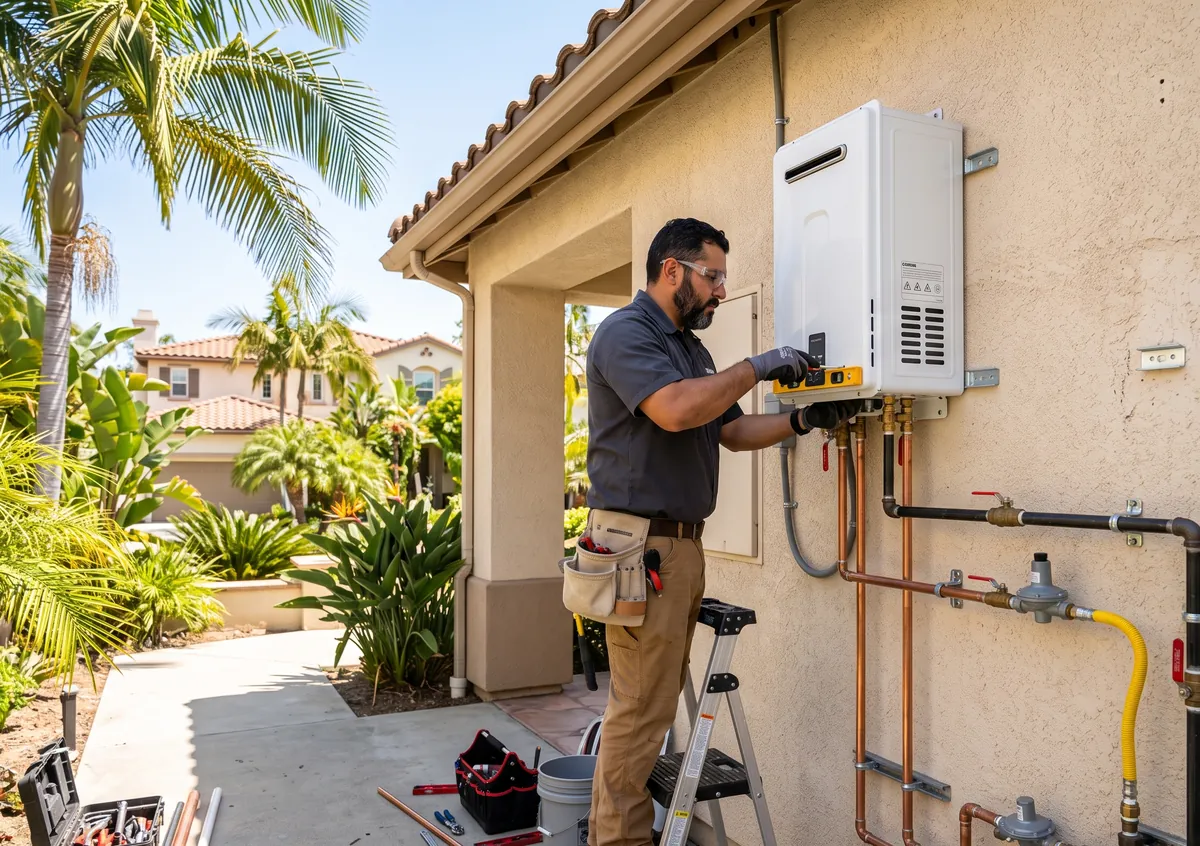 A plumber mounts a compact tankless water heater on the stucco wall of an LA home